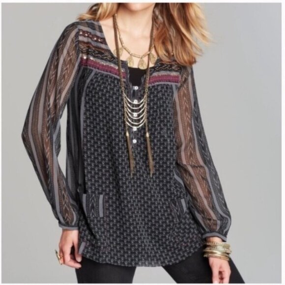 FREE PEOPLE Feather in the Wind Grey Black Sheer Long Sleeve Boho Blouse Beads S - Picture 2 of 13